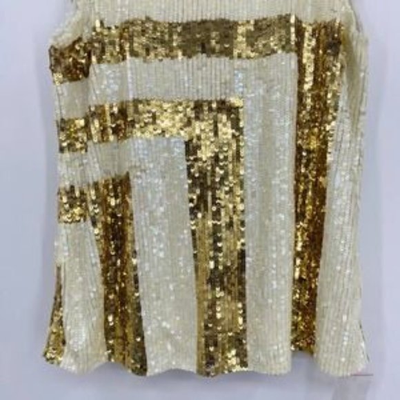 Julie Brown Sequined Top Striped Ivory Gold Sleeveless Pullover Round Neck SZ L - Picture 3 of 5